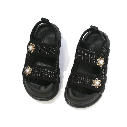 2025 Nice Straw Children Sandals New Arrivals Girls Appliques Metal Decos Sandals for Kids Girl Anti-kick Toe Beach Shoes I03242
