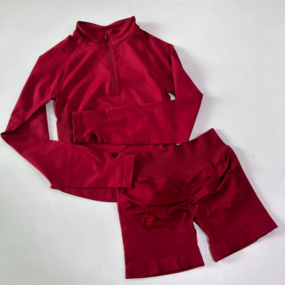 No Logo 2pcs Long Sleeve Yoga Set Women Half Zippy Jacket Longline Sports Top Gym Shorts Fitness Suits Running Coats Workout Set