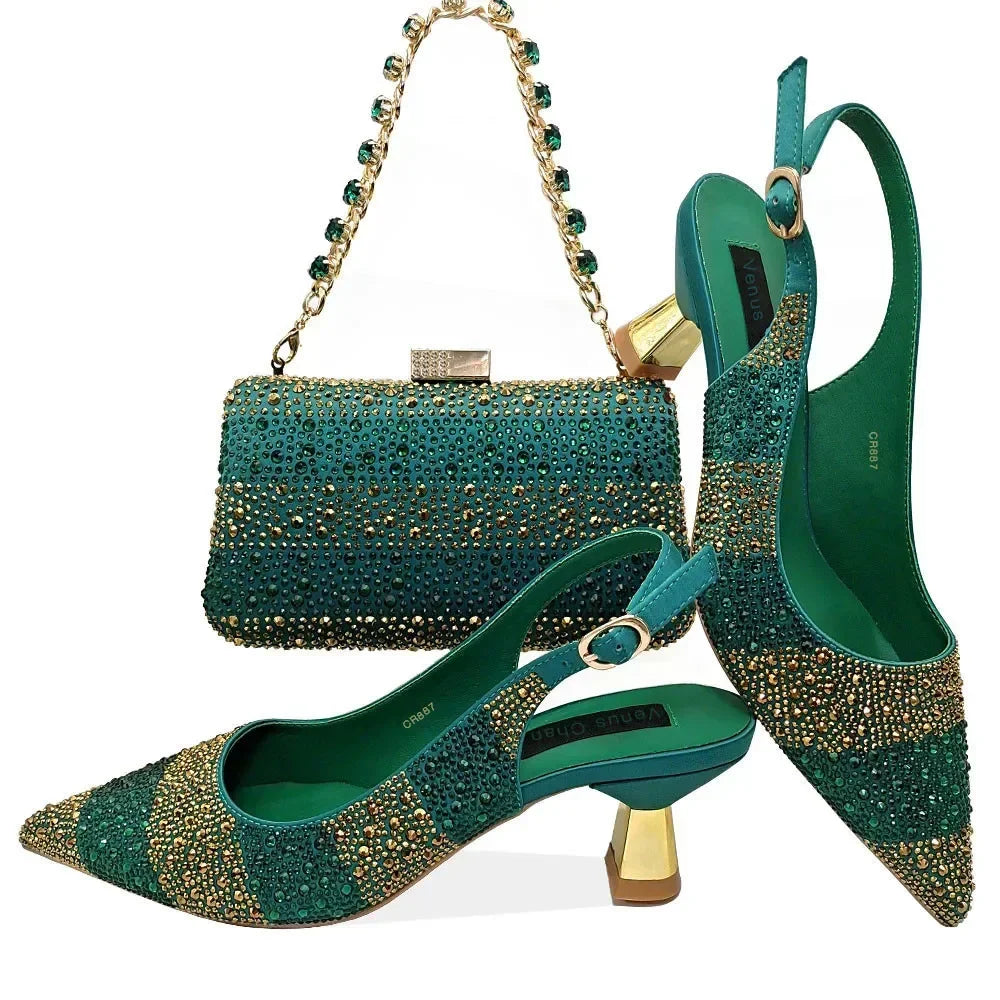 Pointed-Toe Luxury Style High Heels Sandal With Bag Set in Gold Color For Wedding Party Women