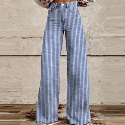 Trendy Color Striped Wide Leg Straight Denim Pants