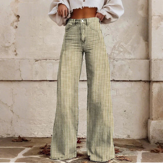 Trendy Color Striped Wide Leg Straight Denim Pants