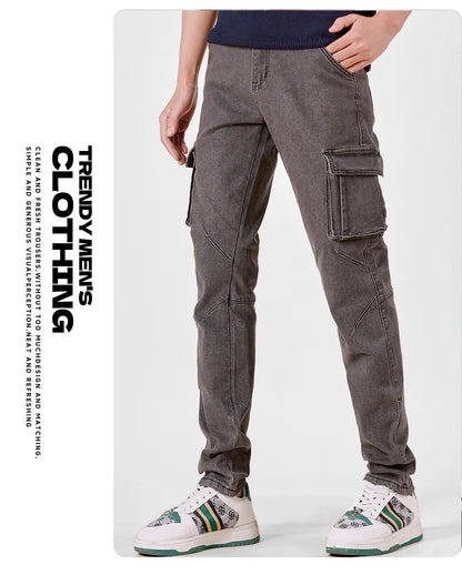 Men's Street Style Elastic Waist Denim Cargo Pants Solid Color Washed Slim Fit Casual Jeans with Multiple Pockets for Daily Wear