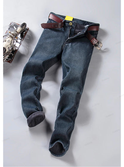 High Quality Winter Thermal Warm Flannel Jeans Men Famous Brand Fleece Denim Pants Straight Flocking Trousers Male Plus Size 40