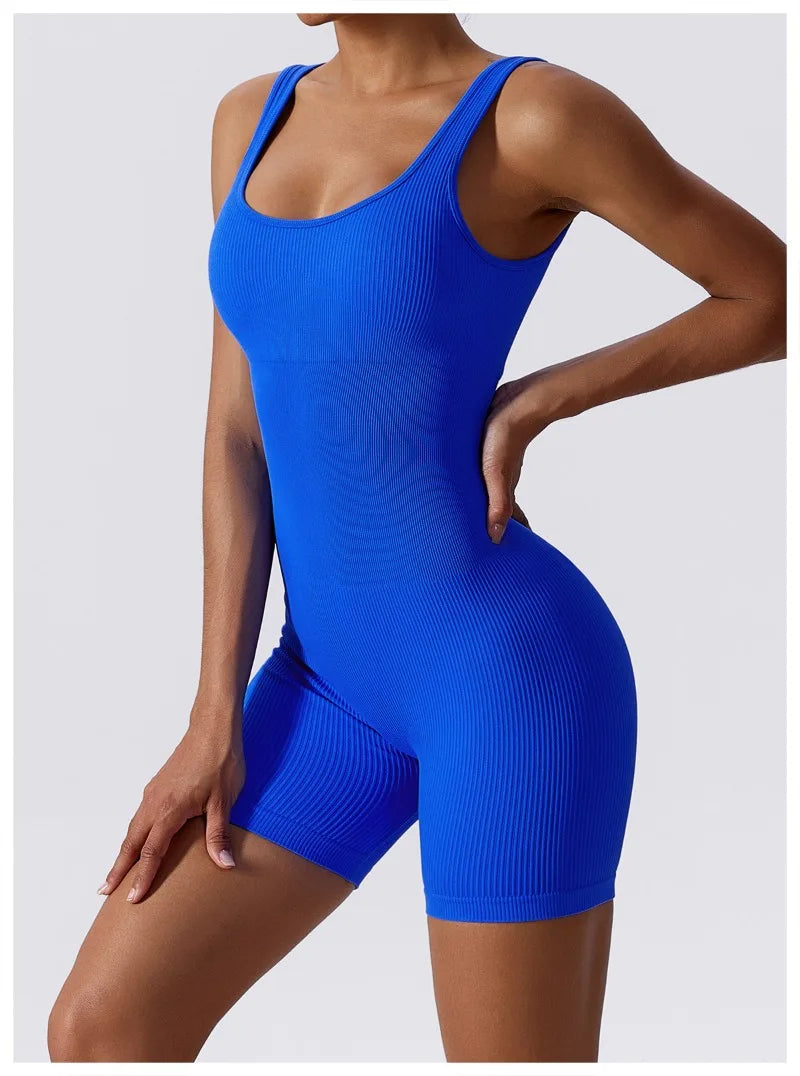 Women's Yoga Rompers One Piece Tummy Control Seamless Ribbed Jumpsuit Padded Sports Bra Workout Romper Fashion Fitness Sportwear