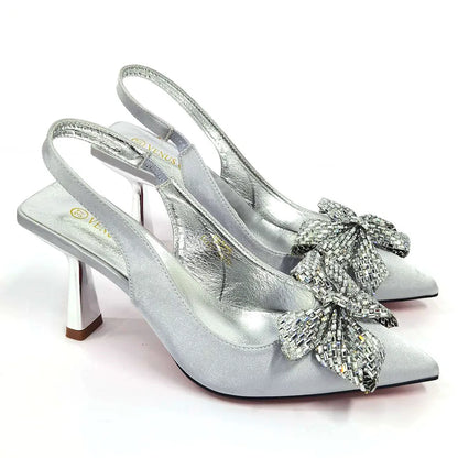 Italian Design Elegant Fuchsia Bow Rhinestone Pumps with Pointed Toe for Women 2024 Party Shoes and Bags Matching Set