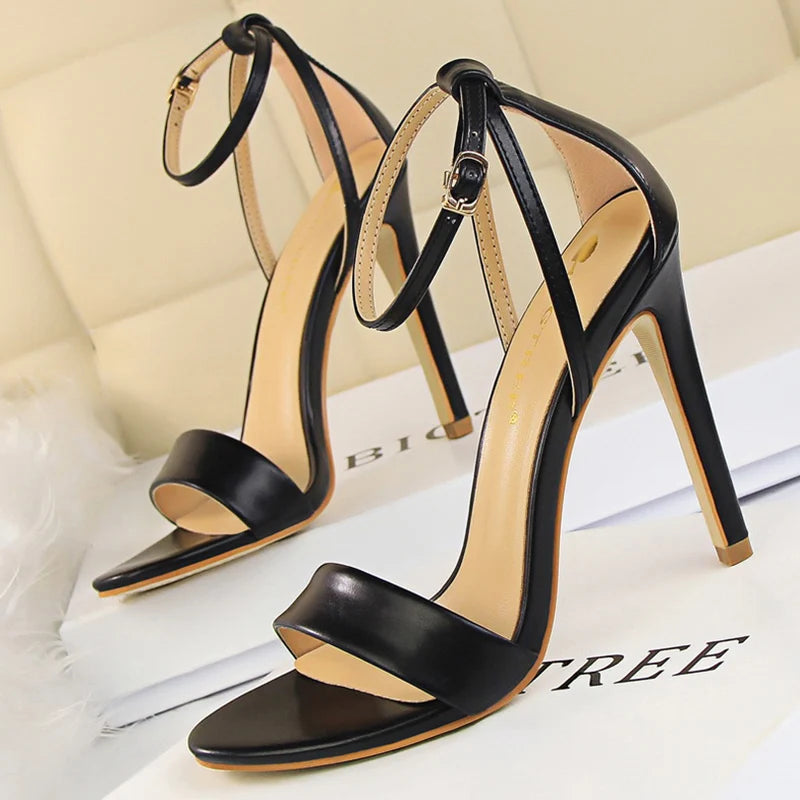 Women Black-White Concise Leather 11cm High Heels Sandals Lady Adjustable Ankle Buckle Shoes Female Fashion Party Dress Shoes