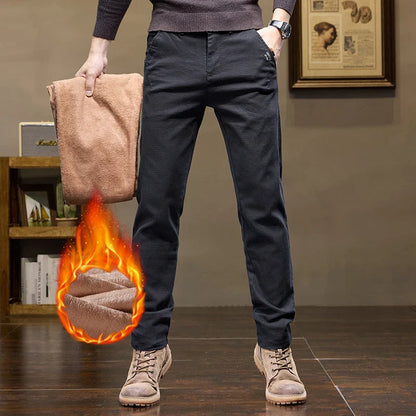 Winter Thicken Men's Solid Slim Straight Casual Pants Business Classic Fleece Trousers Male Warm Plaid Elasticity Pants