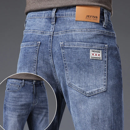 Men's Soft Stretch Straight Jeans Business Casual Slim Fit Wash Denim Pants Korean Fashion Blue Gray Male Brand Trousers