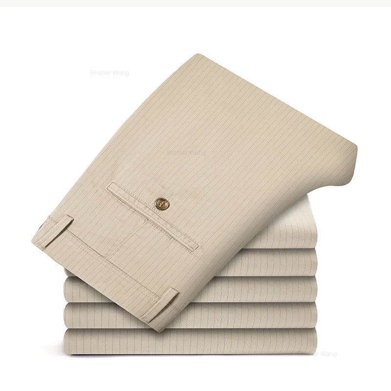 New Men's Business Straight Striped Casual Pants High Quality British Fashion Soft Elastic Trousers Black White Khaki Gray