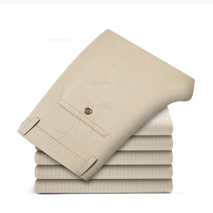 New Men's Business Straight Striped Casual Pants High Quality British Fashion Soft Elastic Trousers Black White Khaki Gray