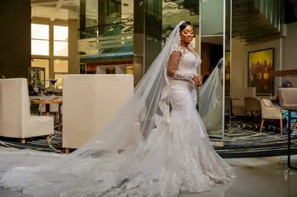 Customized Luxury Scoop Beaded Appliques Wedding Dress Robe De Mariée Illusion Long Sleeves Plus Size Mermaid Bridal Gowns