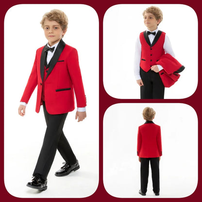 Boys' Formal Red  Black Tuxedo Suit with Black Bow Tie Elegant Flower Boy Outfit Weddings Kids' Formal Events  Special Occasions