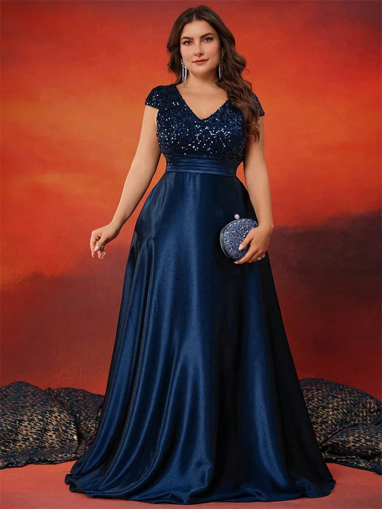 Plus Size Elegant V-Neck Blue Sequins Evening Dress Long Luxury Women Satin Sleevesless Party Prom Cocktail  Gowns
