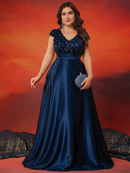 Plus Size Elegant V-Neck Blue Sequins Evening Dress Long Luxury Women Satin Sleevesless Party Prom Cocktail  Gowns