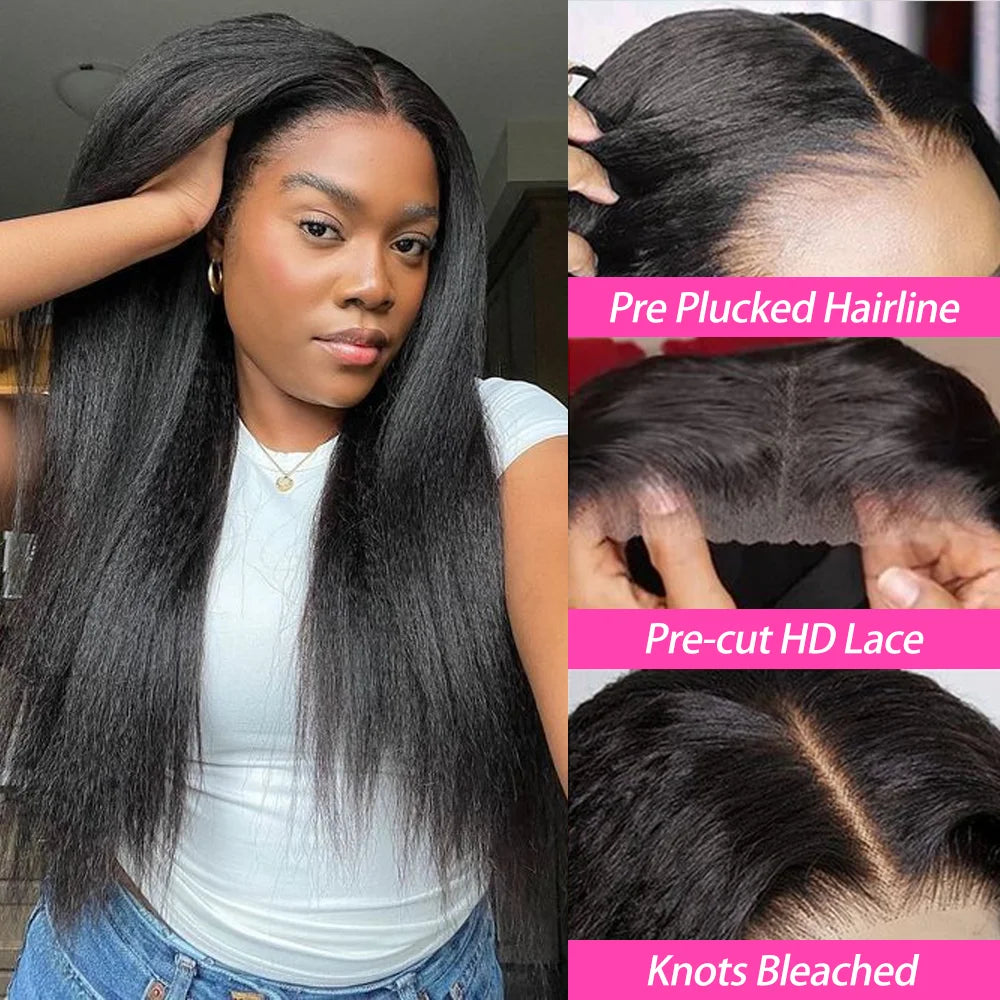 250% Kinky Straight Glueless Wig Ready To Wear And Go 13x6 Hd Yaki Straight Lace Front Human Hair Wigs For Women 30 36 Inch
