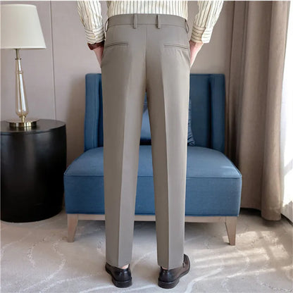 Spring Autumn Suit Pants Men Solid Color Fashion Slim Fit Smart Casual Suit Trousers Mens Elastic Waist Korean Full Length Pants