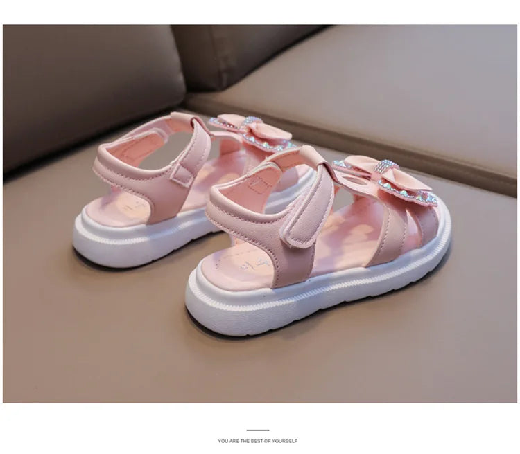 Girl Sandal Kid Summer Elegant Bling Rhinestone Party Princess Beach Shoes Cute Bowknot School Shoes for Kids Flat Heel F05201