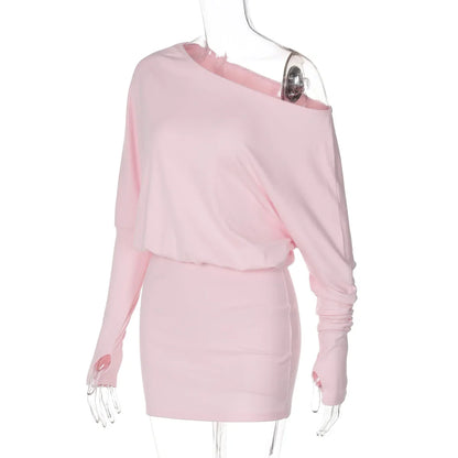 Woman Clothes Diagonal Collar Long Sleeve Package Hip Short Dress Streetwear Black Pink High Waist Tunics Slim Party Dresses