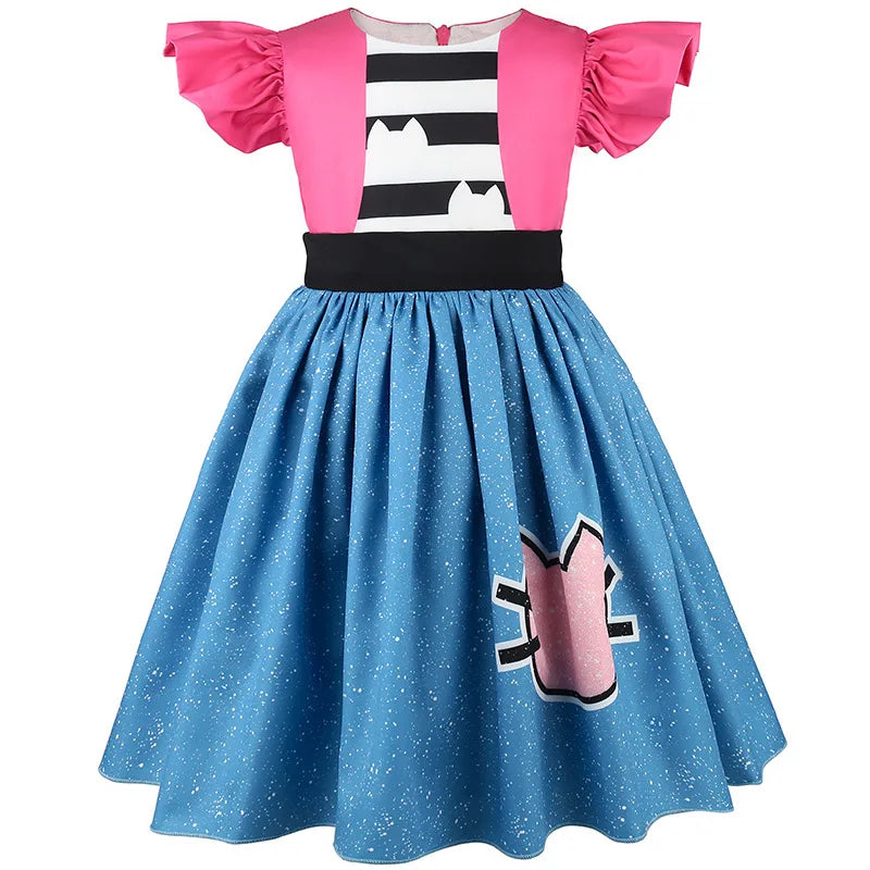 Fly-sleeve Cat Striped Princess Dress Girls Summer Dresses Gabbys Dollhouse Cosplay Costume Carnival Outfits Kids Birthday Gift