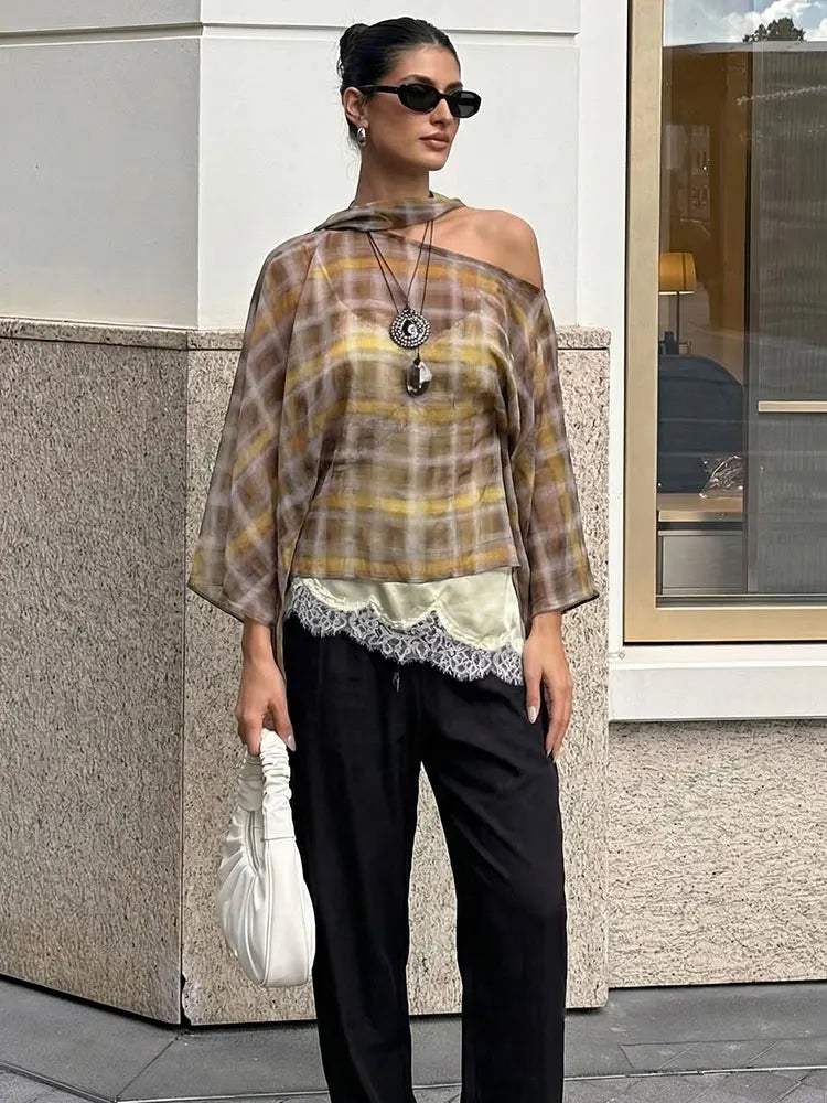 Women Fashion Plaid Print Blouse Vintage Casual Loose Asymmetric Hem Tops With Scarf Summer Thin Female Holiday Beach Outfits