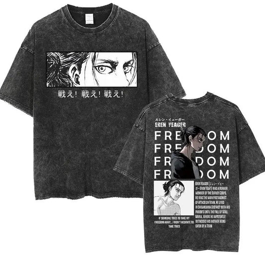 Vintage Washed T-shirt Man 2026 Attack on Titan Women Short Sleeve Tee Streetwear Oversized Anime Print Casual Tops Summer Y2k