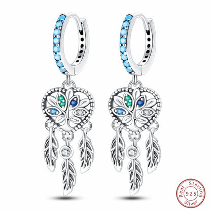 New in 925 Silver Romantic Feather Moon Stars Dream Catcher Earrings For Women Trending Fashion Jewelry Creative Birthday Gifts
