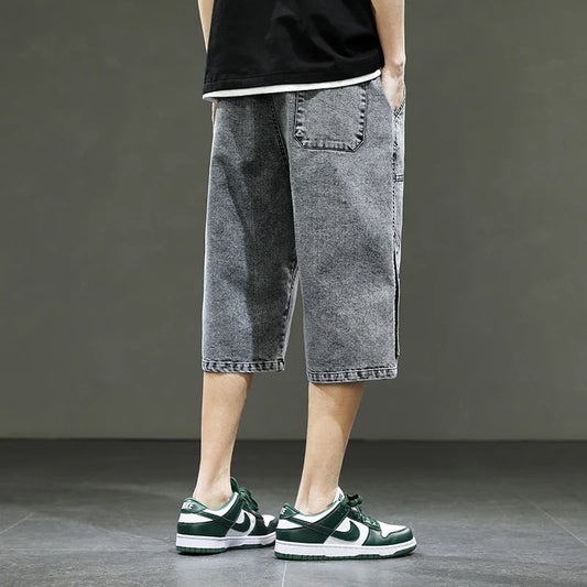 Korean Style Summer Men's Black Wide Leg Denim Shorts New Fashion Casual Baggy Short Jeans Male Plus Size 6XL 8XL YBR602