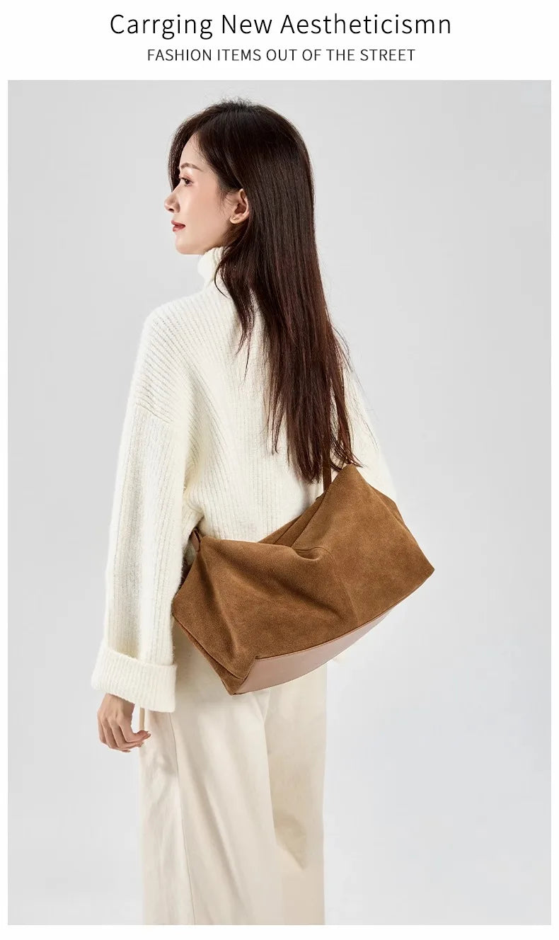 Women's Natural Nuede Genuine Leather Handbags Ladies large capacity Tote Bag Female Design Luxury Commuting Yoga Bag  hobo bag
