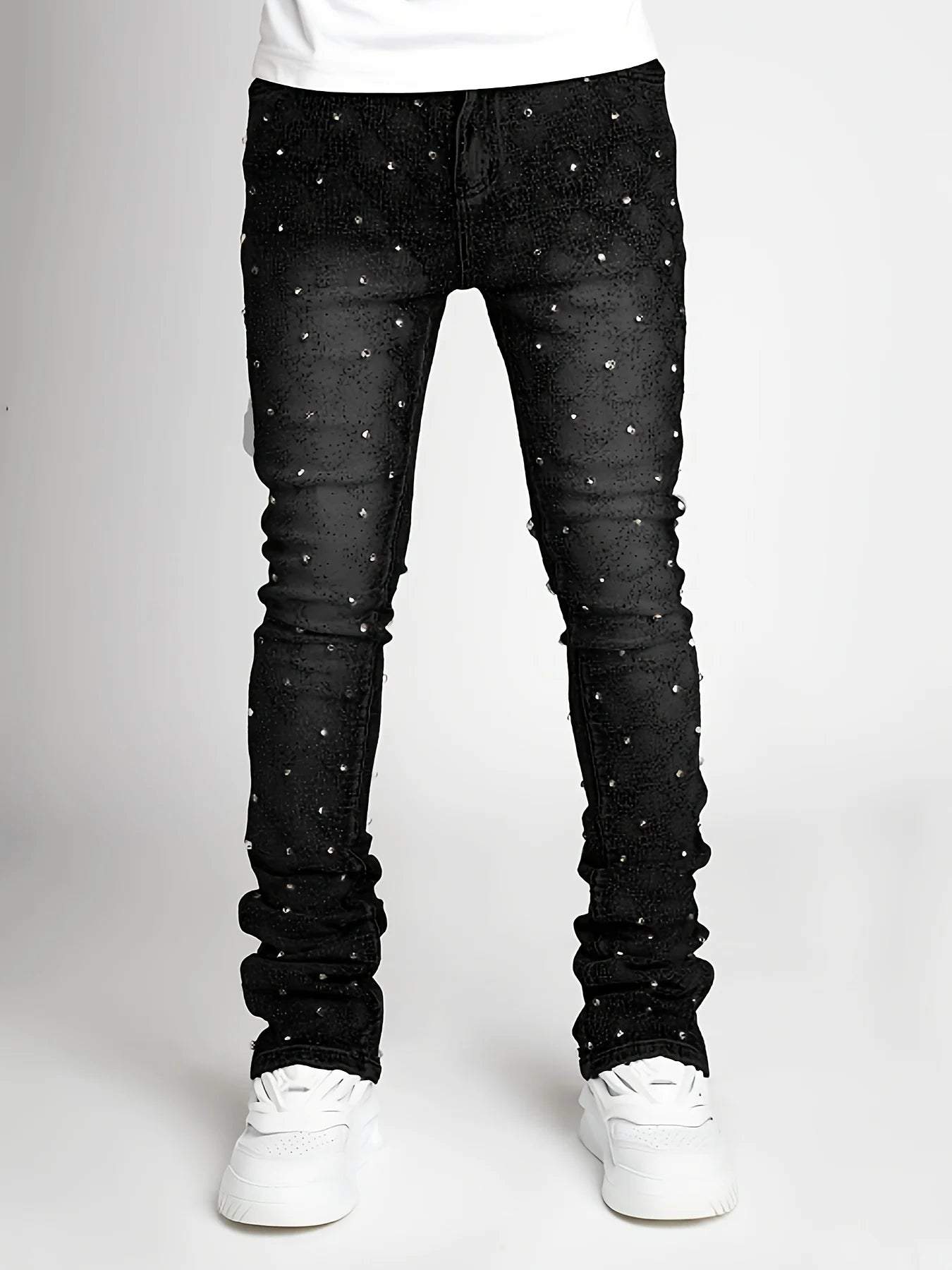 Men's denim fashion personality straight leg men's pants European and American fashion Instagram hot item elastic pearl denim la
