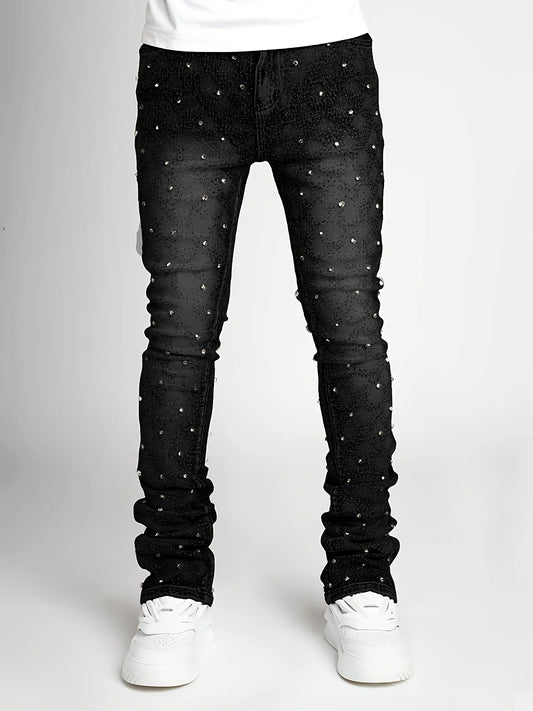Men's denim fashion personality straight leg men's pants European and American fashion Instagram hot item elastic pearl denim la