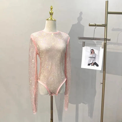 Women's Shiny Rhinestone Fishnet See-Through Bodysuit Mesh Fashion Sexy Bodysuit