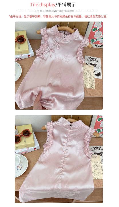 Vestido de princesa rosa estilo chinês retrô Qipao sem mangas para meninas de 2 a 10 anos Vestido 2026 Novo verão Roupas para o Dia das Crianças 6.1