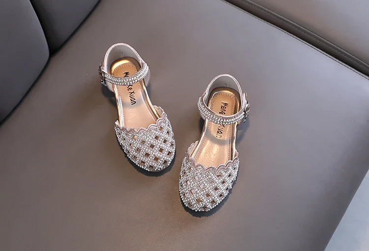 Summer Girl's Sandals Sliver Pink Diamante Luxury Hollow-out Kids Sliders Hook-loop Round Toe Glitter Stylish Children Shoe26-36