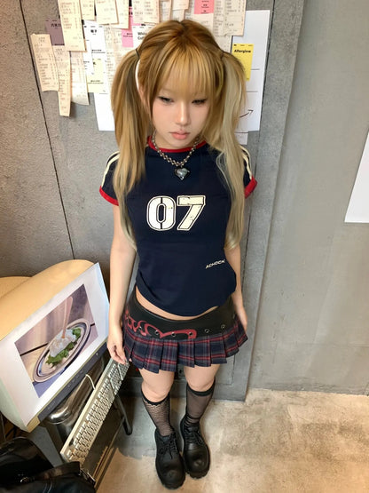 Japanese Y2k T Shirt Vintage Harajuku Short Sleeve Patchwork Tops American Retro Jersey T-shirt 2000s Grunge Aesthetics