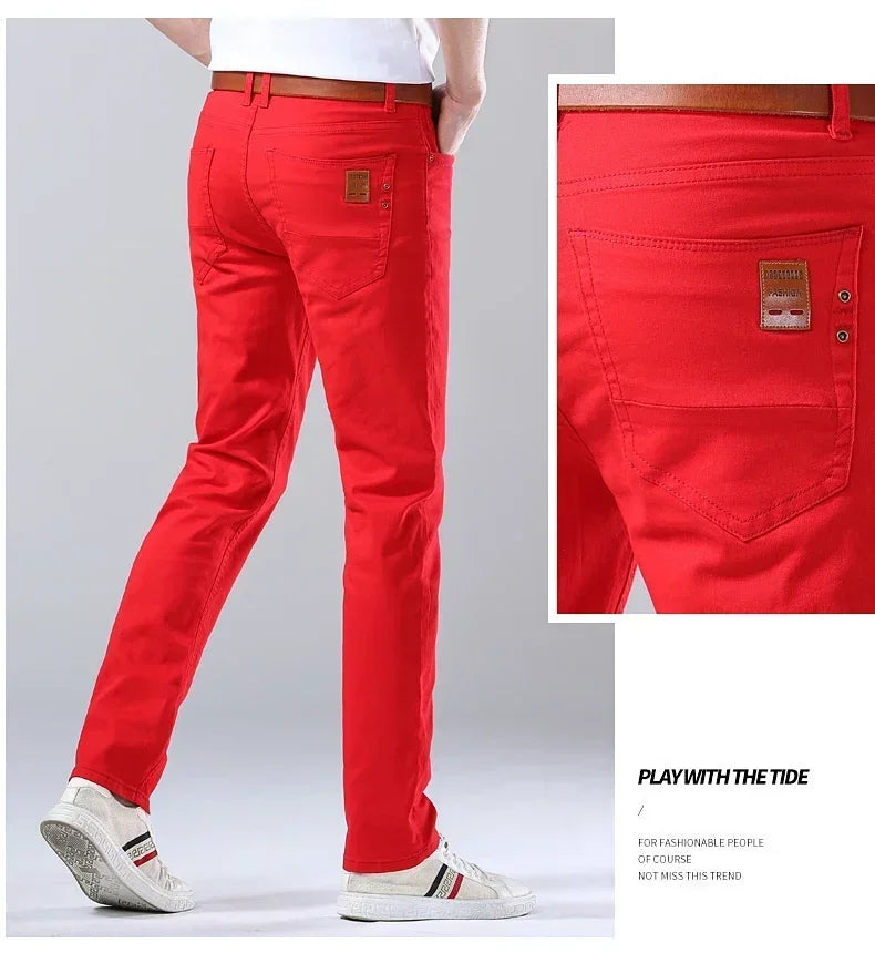 Autumn Jeans Men's New Brand Clothing Fashion Stretch Denim Pants Straight Trousers Male Red Lake Blue Yellow Trousers