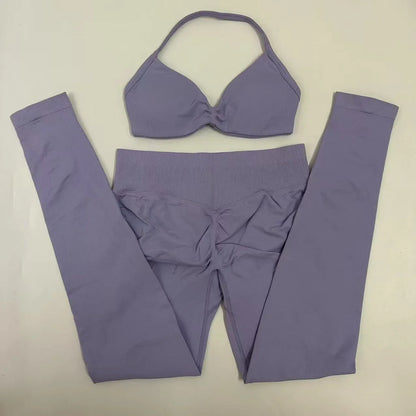 2pcs Seamless Yoga Set Women Yoga Scrunch Leggings Set Strappy Halter Sports Bra Fitness Gym Clothing Workout Set
