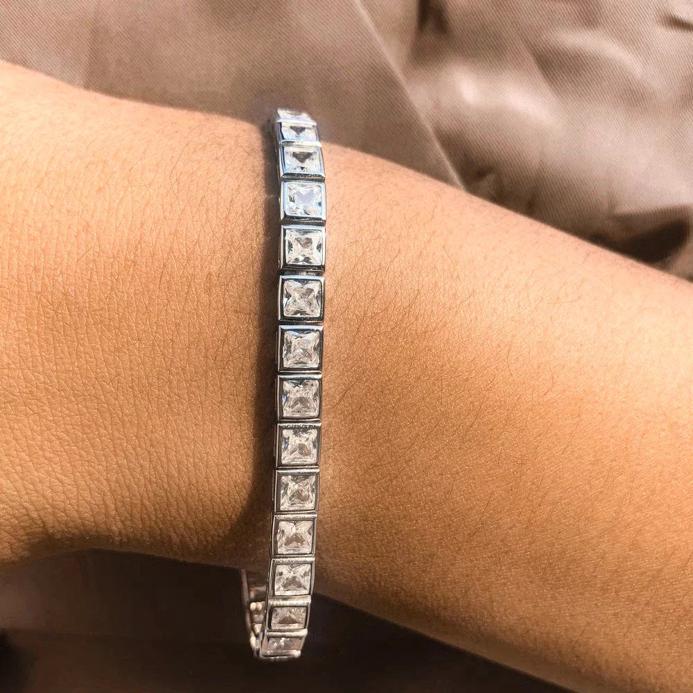 3/4mm Princess Cut  Moissanite Tennis Bracelets for Women Men 925 Silver Square Diamond Bezel Set Unisex BraceletCertified
