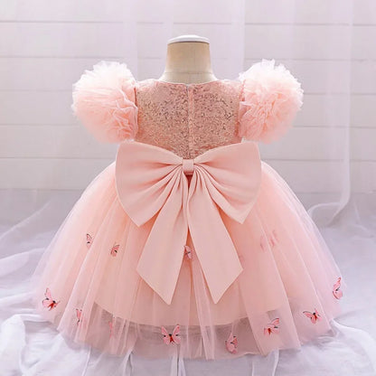 Baby Girl Clothing Summer Bow And Butterfly Pattern Halter Solid Color Mesh Baby Kids Dresses Cute Casual Baby Girl Dress ASQ03