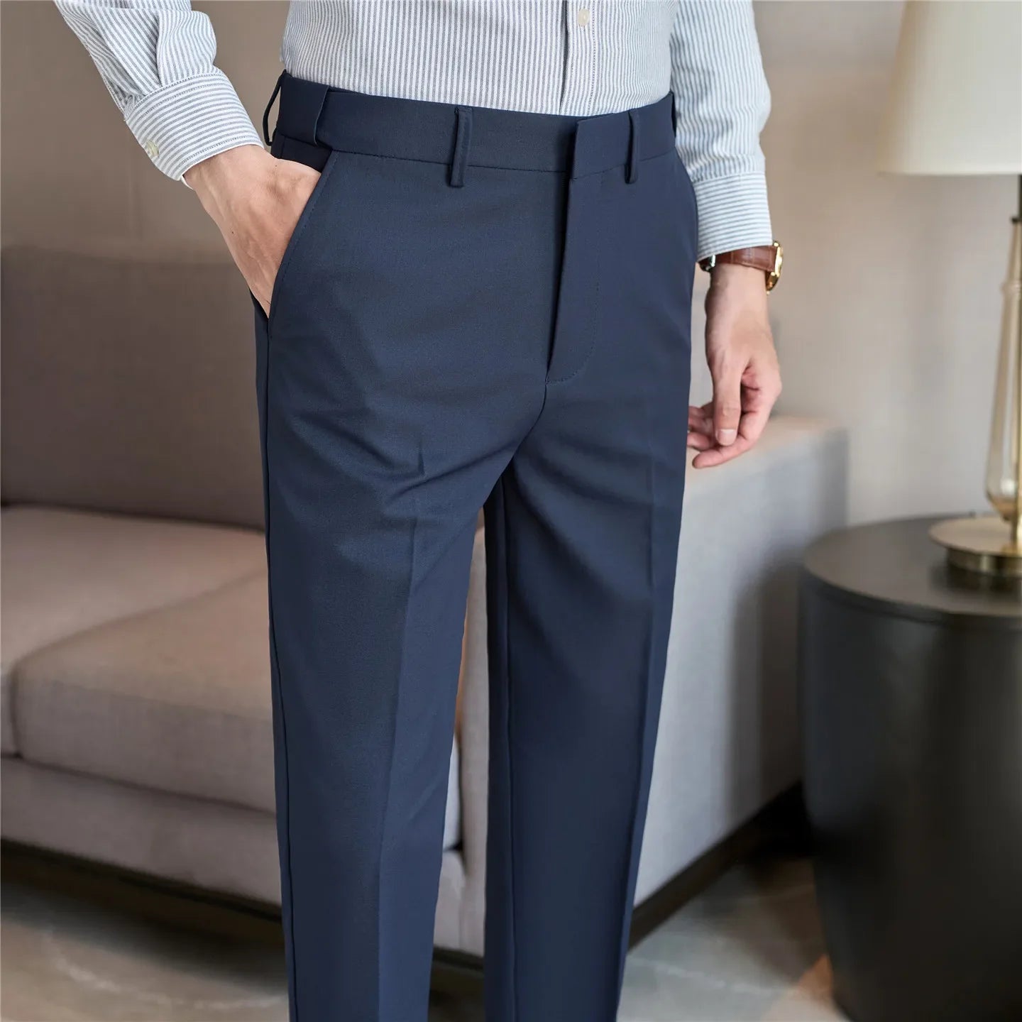 Spring Autumn Suit Pants Men Solid Color Fashion Slim Fit Smart Casual Suit Trousers Mens Elastic Waist Korean Full Length Pants