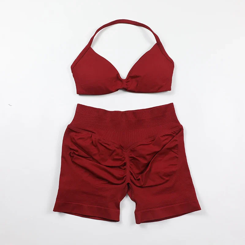Scrunch Seamless Yoga Set Women Sportswear Ribbed Gym Shorts Strappy Sports Bra 2 Piece Set Halter Workout Clothes Fitness Suit