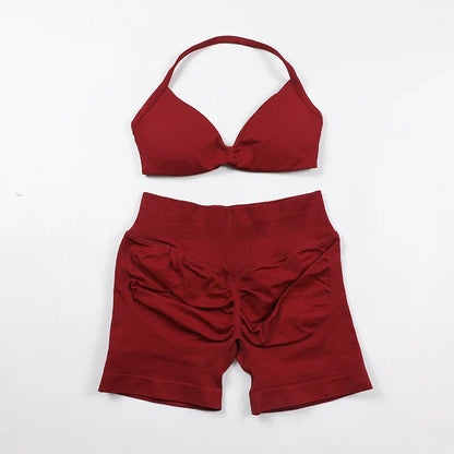 Scrunch Seamless Yoga Set Women Sportswear Ribbed Gym Shorts Strappy Sports Bra 2 Piece Set Halter Workout Clothes Fitness Suit