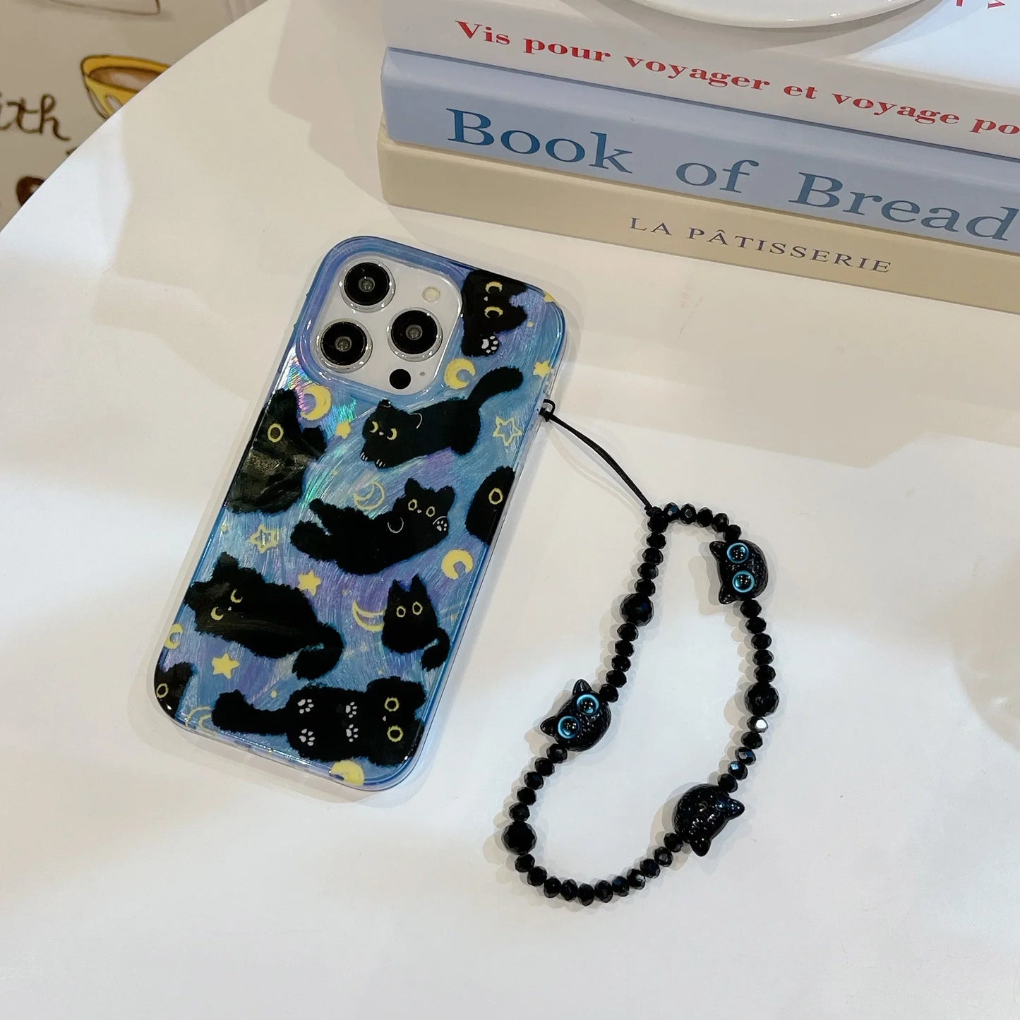 Korean Ins Cute Black Cats Double Layers Wrist Chain Phone Case for iPhone 17 16 15 14 13 12 Pro Max Plus Back Cover