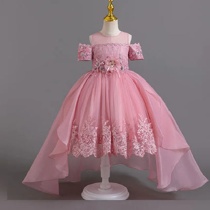 2026 New Summer Flower Girl Graduation Performance Tailcoat Embroidered Party Dress Trailing Tulle3-11 Years Old The Girl Dress