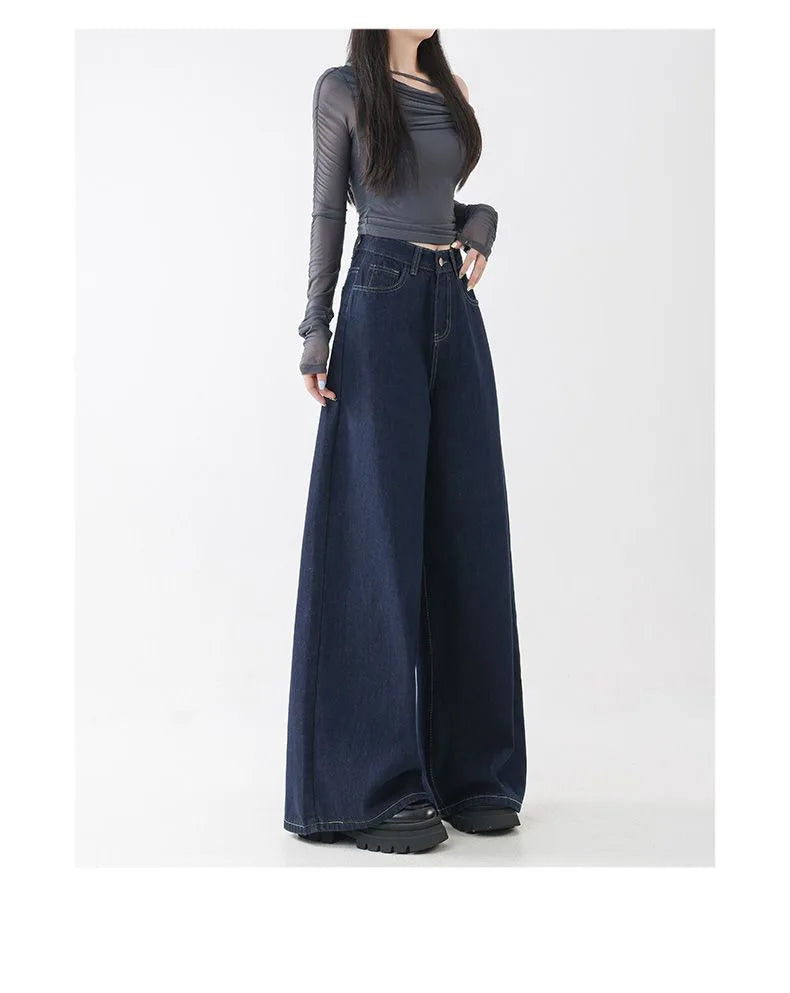 High Waist Straight Leg Loose Fit Denim Jeans Women's Floor Length Lazy Wide Leg Meat Concealing Deep Blue American Style Long P