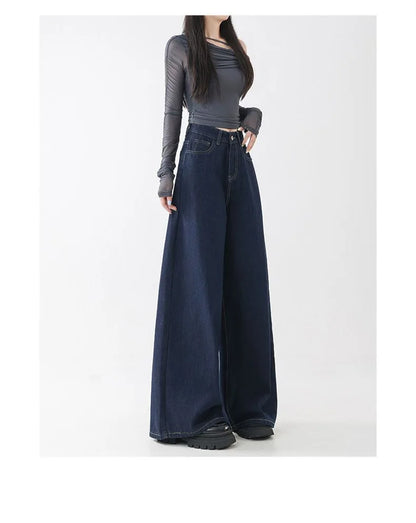 High Waist Straight Leg Loose Fit Denim Jeans Women's Floor Length Lazy Wide Leg Meat Concealing Deep Blue American Style Long P