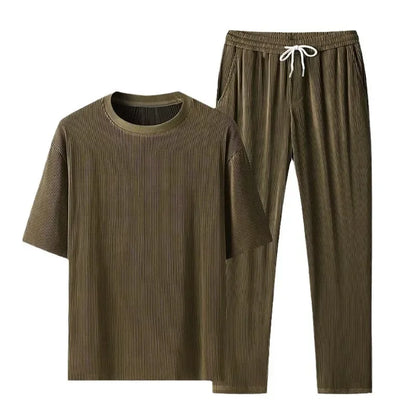 High-End Ice Silk Men's Sports Suit Casual Home Use Long Pants Short Sleeves Quick Drying Top Set Summer Collection