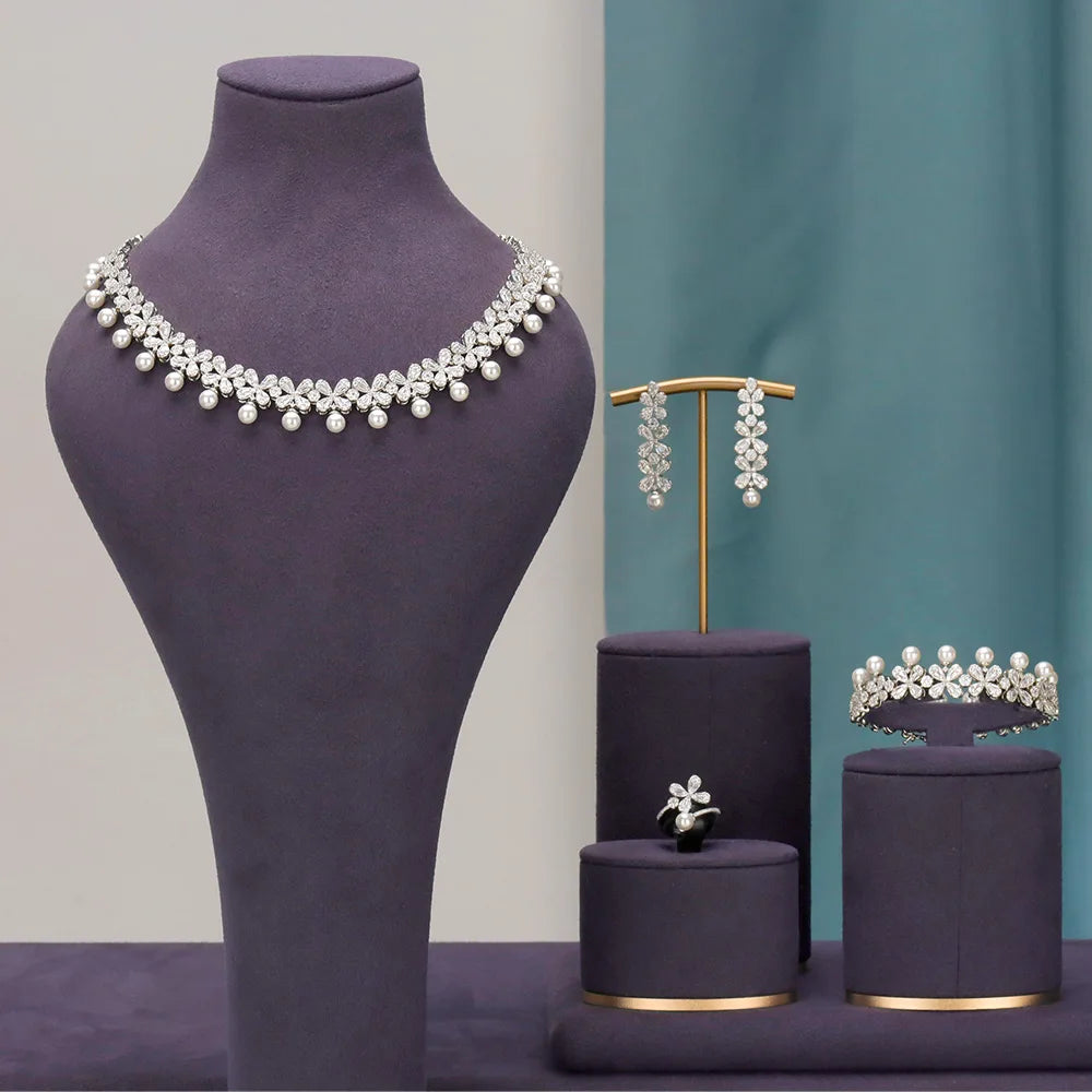 Luxury Cubic Zirconia Necklace Bracelet Earrings and Ring 4pcs Dubai Full Jewelry Set For Women,Bridal Dress Dinner