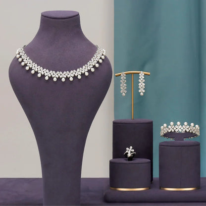 Luxury Cubic Zirconia Necklace Bracelet Earrings and Ring 4pcs Dubai Full Jewelry Set For Women,Bridal Dress Dinner