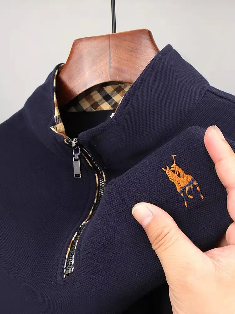 Luxury new Half Zipper Long Sleeve T-shirt 100% Cotton Brand Embroidered Stand Collar Men's Clothing Autumn Casual polo shirt