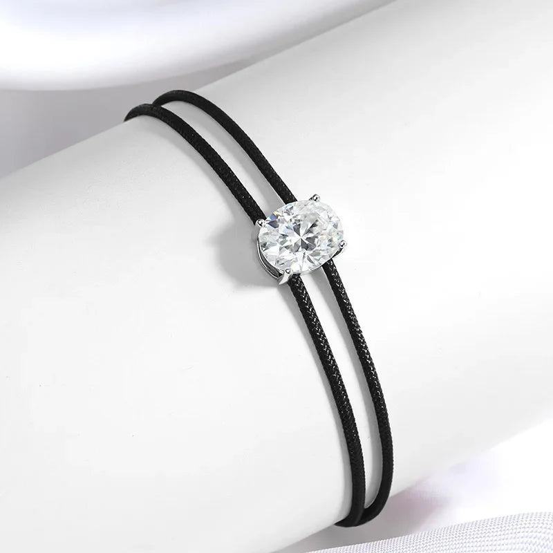 3CT Oval Cut Moissanite Braided Cord Bracelets for Women Men Adjustable Sliding-Knot Dainty Pure S925 Silver Chain D VVS1